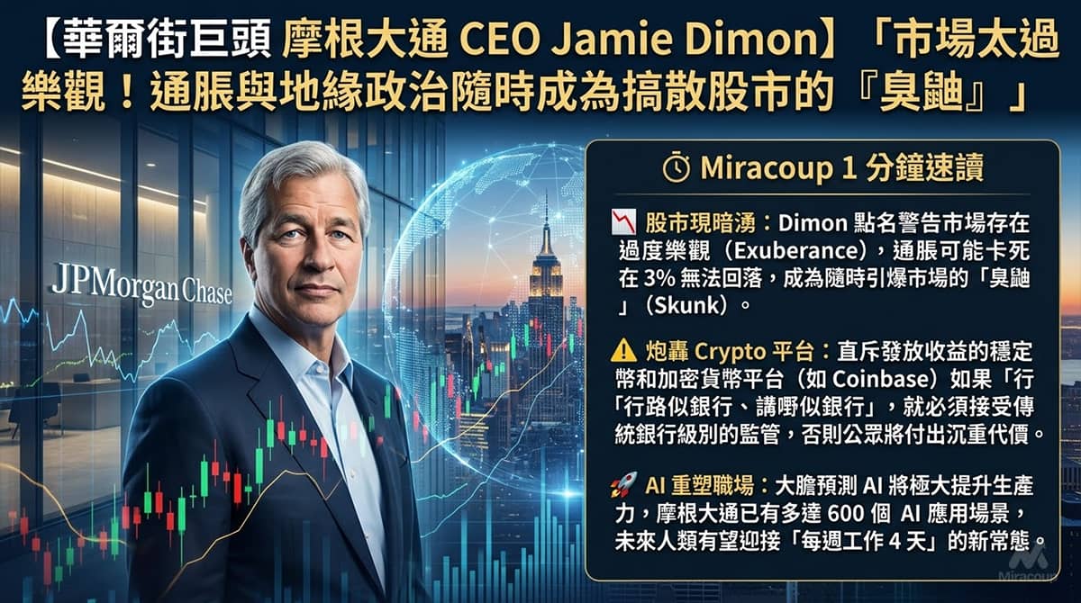 華爾街巨頭 摩根大通 CEO Jamie Dimon Inflation Skunk Crypto Regulation 2026