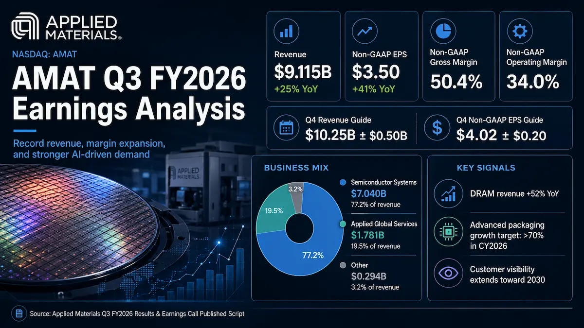 AMAT Q3 2026 earnings analysis covering Applied Materials revenue, margins, guidance and AI semiconductor equipment demand
