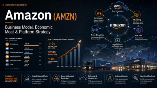 Amazon business model showing commerce, AWS, advertising, Prime, logistics, and economic moat
