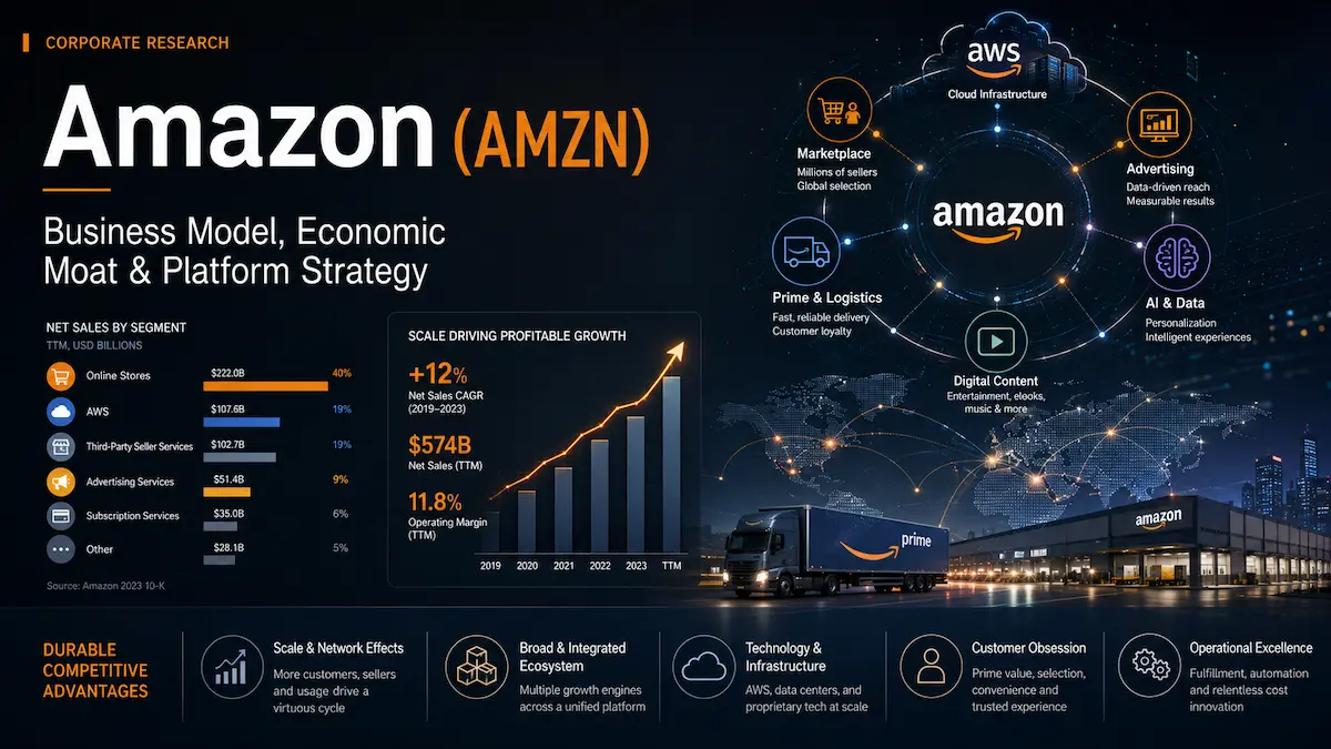Amazon business model showing commerce, AWS, advertising, Prime, logistics, and economic moat