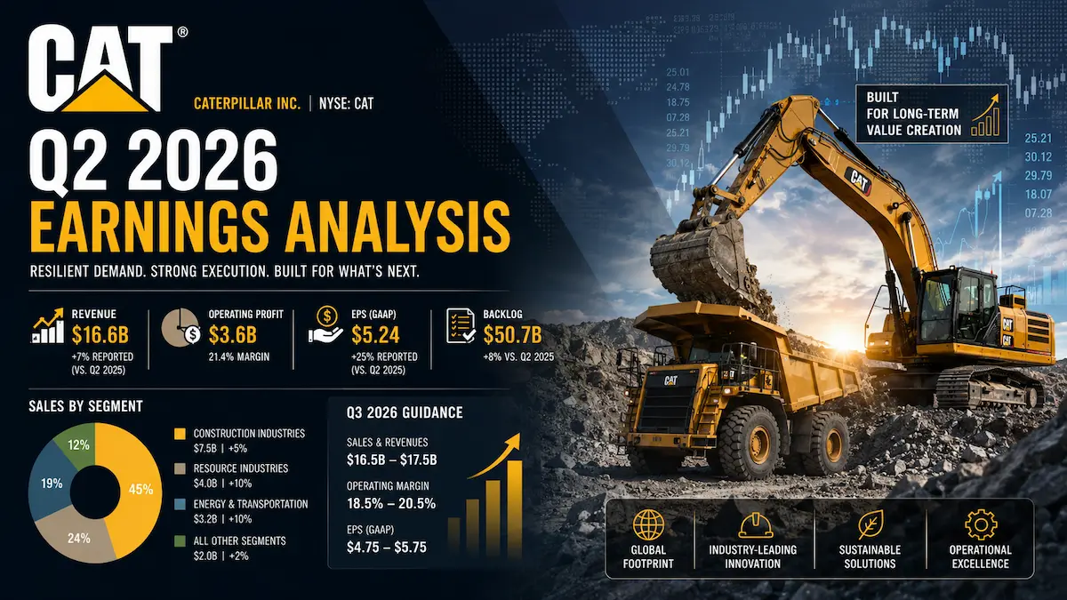 Caterpillar CAT Q2 2026 earnings analysis covering revenue, EPS, margins, backlog and outlook