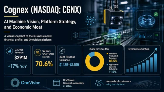 Cognex machine vision business model showing AI vision systems, OneVision cloud-to-edge platform, and industrial automation moat