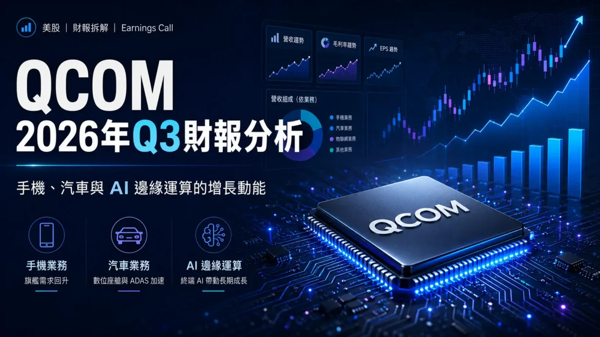 QCOM Q3 2026 財報分析封面，涵蓋營收、EPS、利潤率、管理層指引及主要投資風險