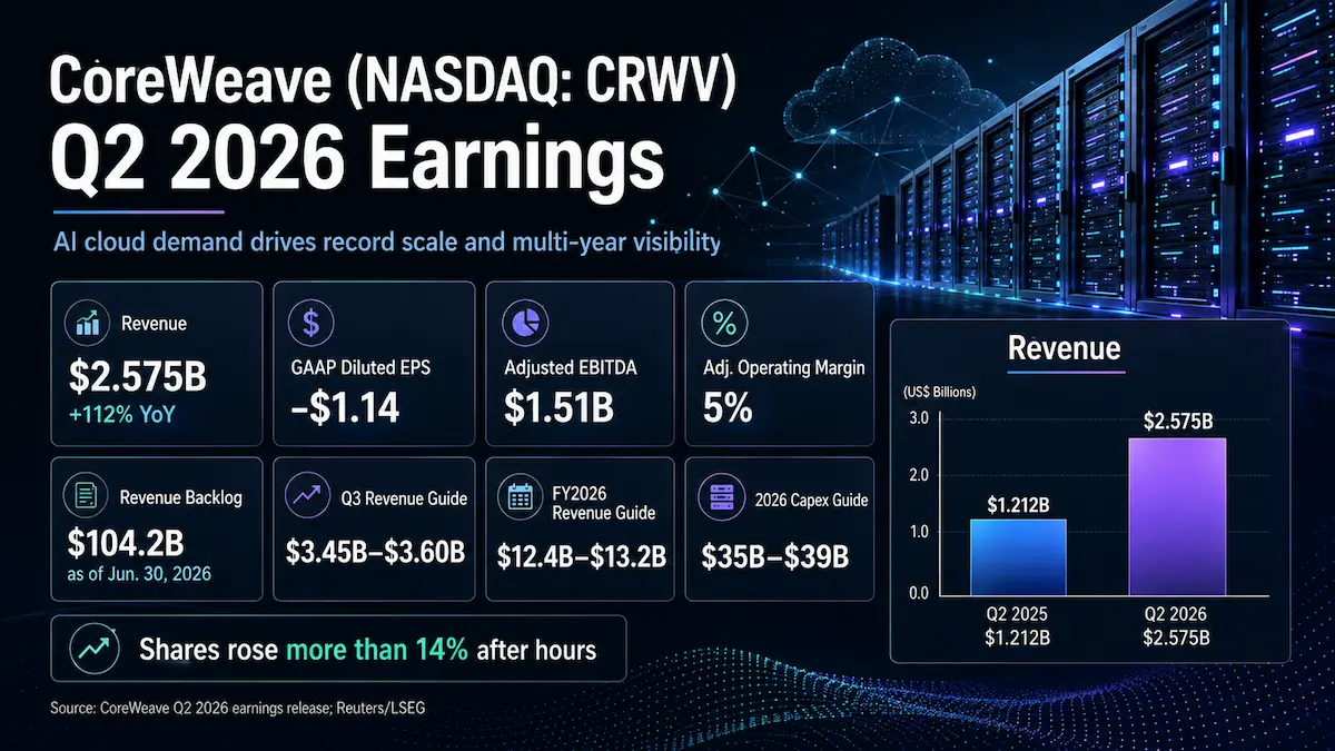 CRWV Q2 2026 earnings analysis showing CoreWeave revenue, backlog, margin inflection and raised 2026 guidance