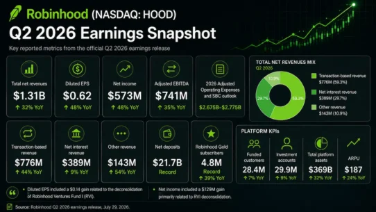 Robinhood HOOD Q2 2026 earnings analysis covering revenue, EPS, prediction markets, guidance and valuation