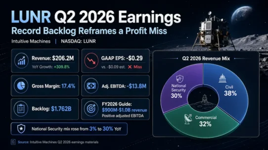 LUNR Q2 2026 earnings analysis covering Intuitive Machines revenue, backlog, margins and valuation