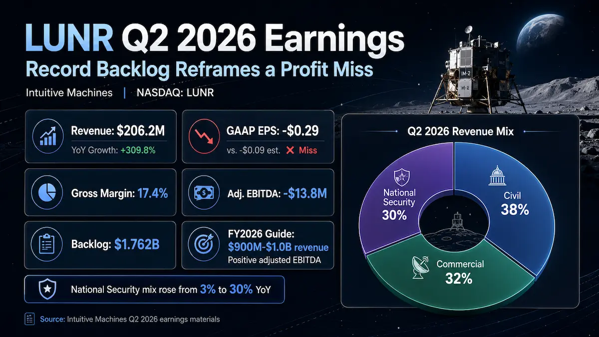 LUNR Q2 2026 earnings analysis covering Intuitive Machines revenue, backlog, margins and valuation