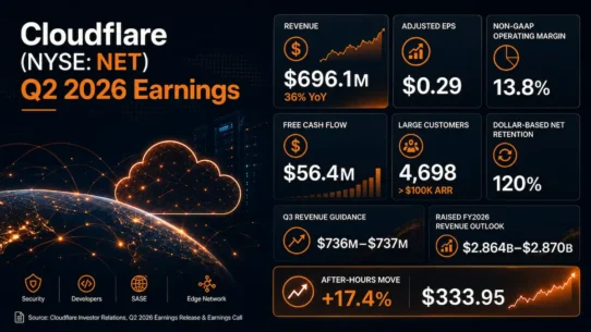 Cloudflare NET Q2 2026 earnings analysis covering revenue growth, large customers, margins, guidance and valuation