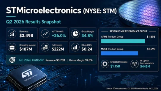 STMicroelectronics business model analysis covering IDM manufacturing, STM32 ecosystem, silicon photonics, sensors and power semiconductors
