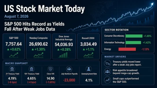 US stock market close on August 7, 2026 with the S&P 500 at a record as Treasury yields fell after the jobs report
