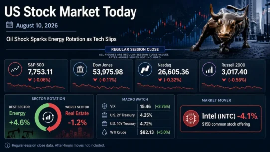 US stock market close on August 10, 2026 showing energy strength, technology weakness and rising Treasury yields