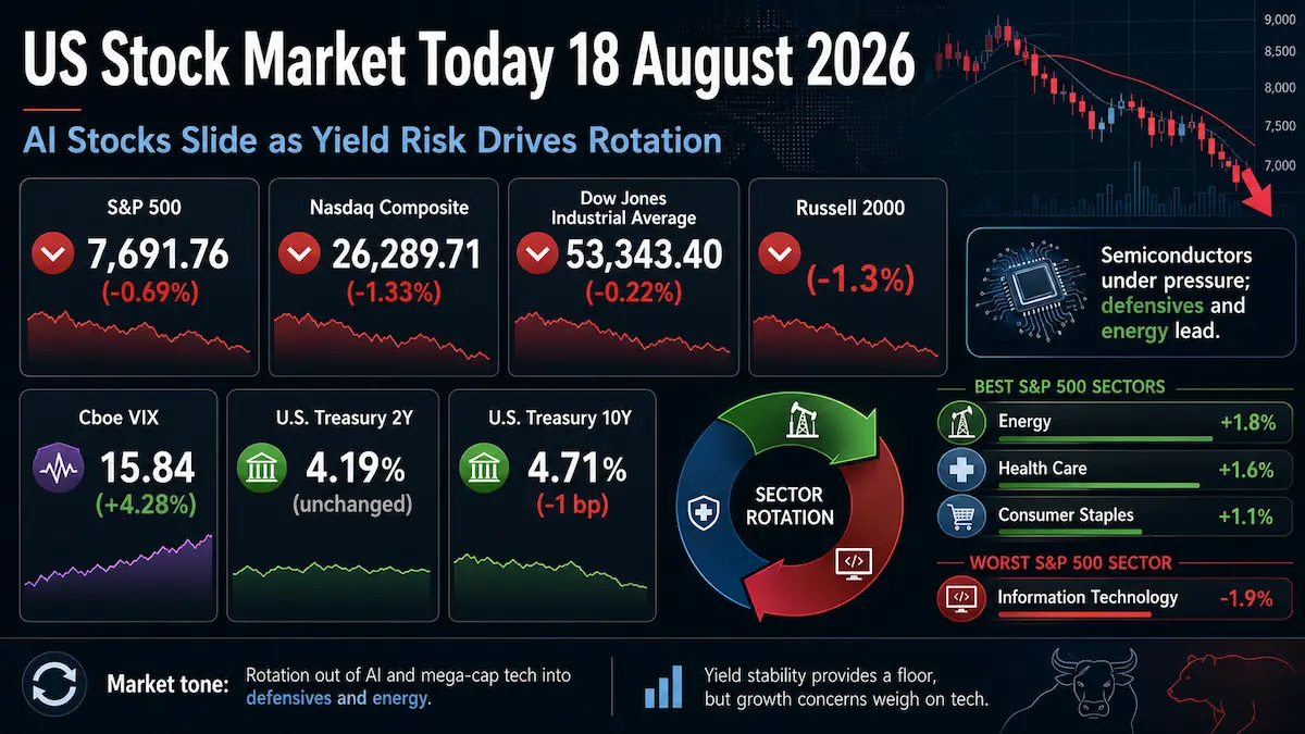 US stock market selloff on August 18, 2026 led by semiconductors as investors rotated into energy and defensive sectors