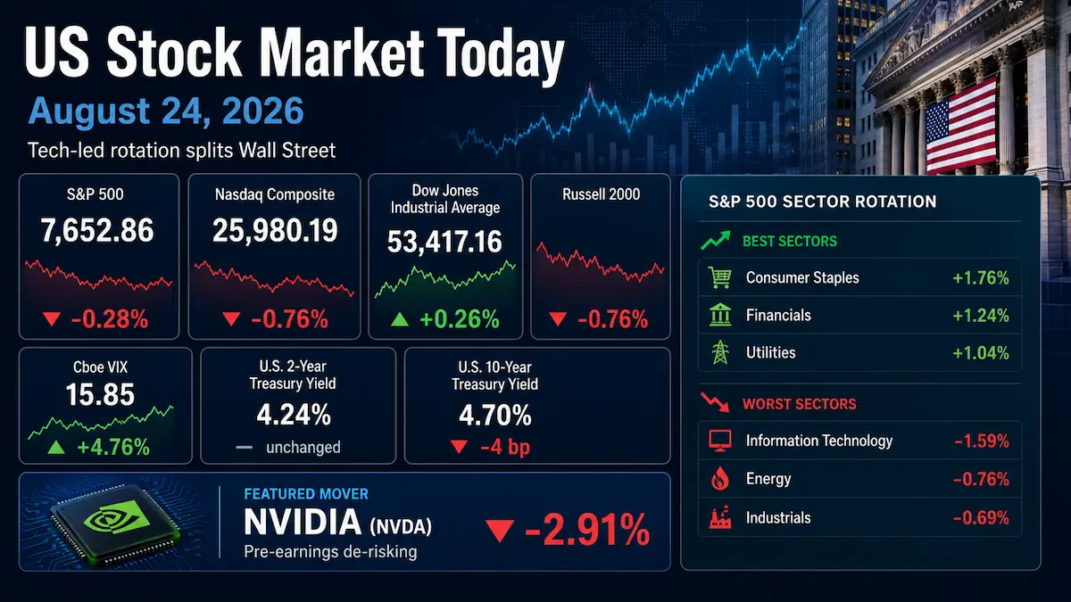 US stock market performance and sector rotation on 24 August 2026