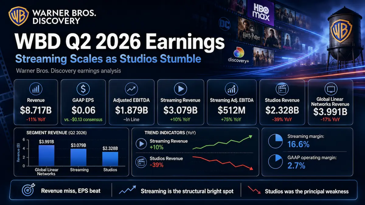 WBD Q2 2026 earnings analysis covering HBO Max streaming growth, Studios weakness, margins, cash flow and Paramount merger valuation