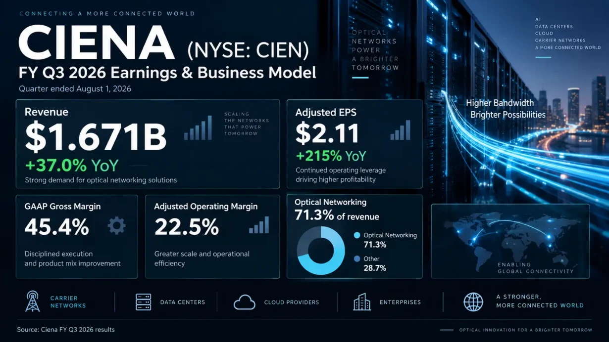 Ciena business model analysis covering WaveLogic coherent optics, RLS, AI data center interconnects, software, services, economic moats and risks