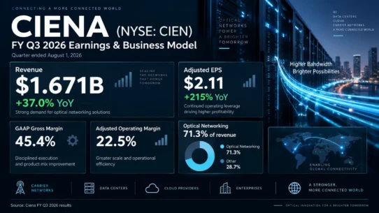 Ciena business model analysis covering WaveLogic coherent optics, RLS, AI data center interconnects, software, services, economic moats and risks
