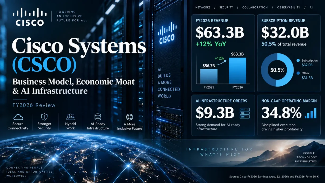 Cisco business model analysis covering networking, subscriptions, Splunk, Silicon One and AI infrastructure