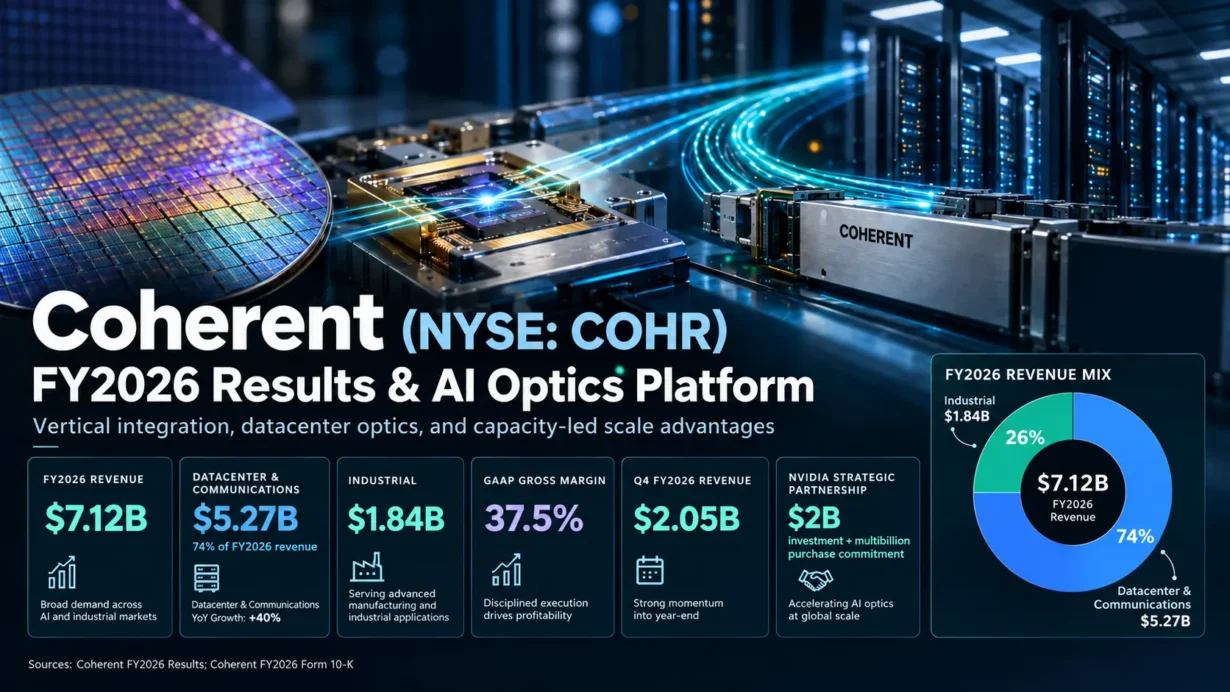 Coherent business model analysis showing vertical photonics integration across materials, optical components, transceivers, CPO and AI datacenter systems
