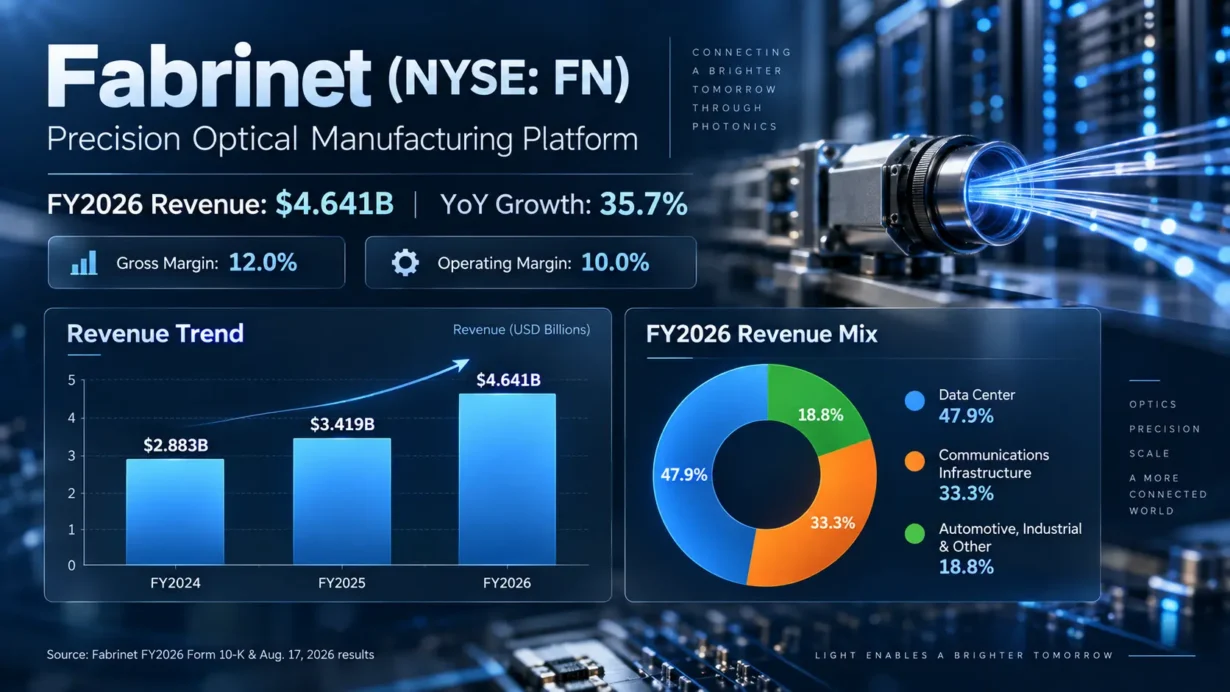 Fabrinet business model and moat across precision optical manufacturing, data centers, communications infrastructure, and NPI-to-volume production