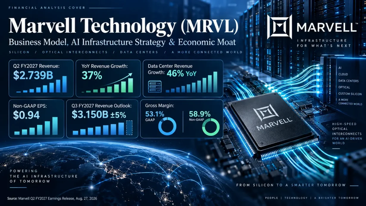 Marvell business model analysis covering custom AI silicon, optical connectivity, switching and data center infrastructure
