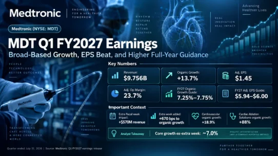 MDT Q1 2027 earnings analysis covering Medtronic revenue, EPS, margins, guidance, cardiac ablation growth and valuation