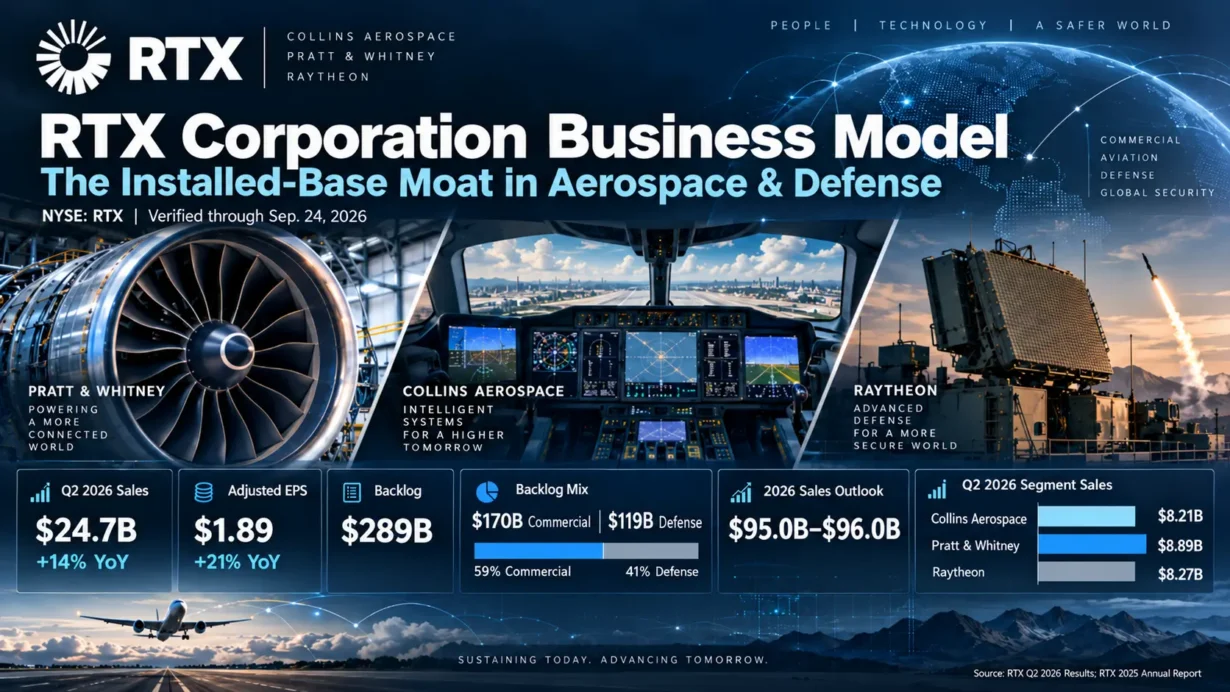 Pratt & Whitney aircraft engines, Collins Aerospace aircraft systems, and Raytheon defense technologies illustrating RTX's installed-base strategy