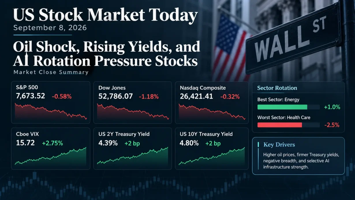 US stock market close on September 8, 2026, showing S&P 500 weakness, higher Treasury yields, rising oil and sector rotation