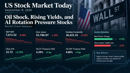 US stock market close on September 8, 2026, showing S&P 500 weakness, higher Treasury yields, rising oil and sector rotation