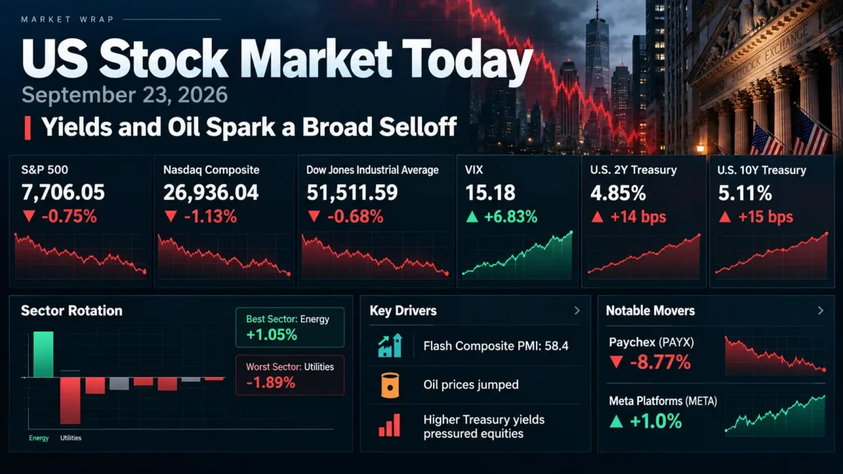 Wall Street closing bell on September 23, 2026, as stocks fall and Treasury yields rise