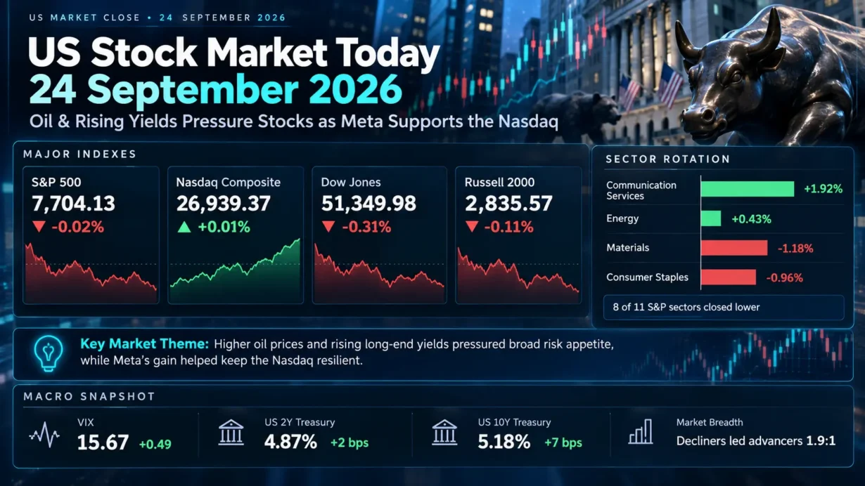US stock market September 24, 2026 close: higher oil and Treasury yields, Meta-led communications gains, and weak S&P 500 breadth
