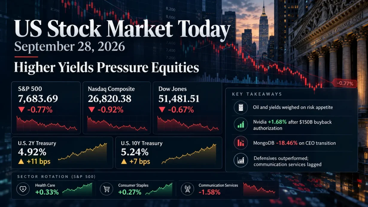 September 28, 2026 US stock market wrap showing falling indexes, rising Treasury yields and defensive sector rotation
