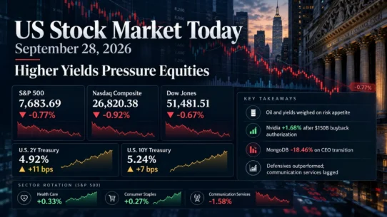 September 28, 2026 US stock market wrap showing falling indexes, rising Treasury yields and defensive sector rotation
