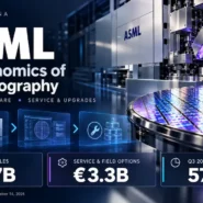 ASML business model and EUV lithography economics, with Q3 2026 net sales of €11.7 billion, service and field options of €3.3 billion, and gross margin of 57.5%.