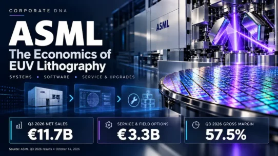ASML business model and EUV lithography economics, with Q3 2026 net sales of €11.7 billion, service and field options of €3.3 billion, and gross margin of 57.5%.