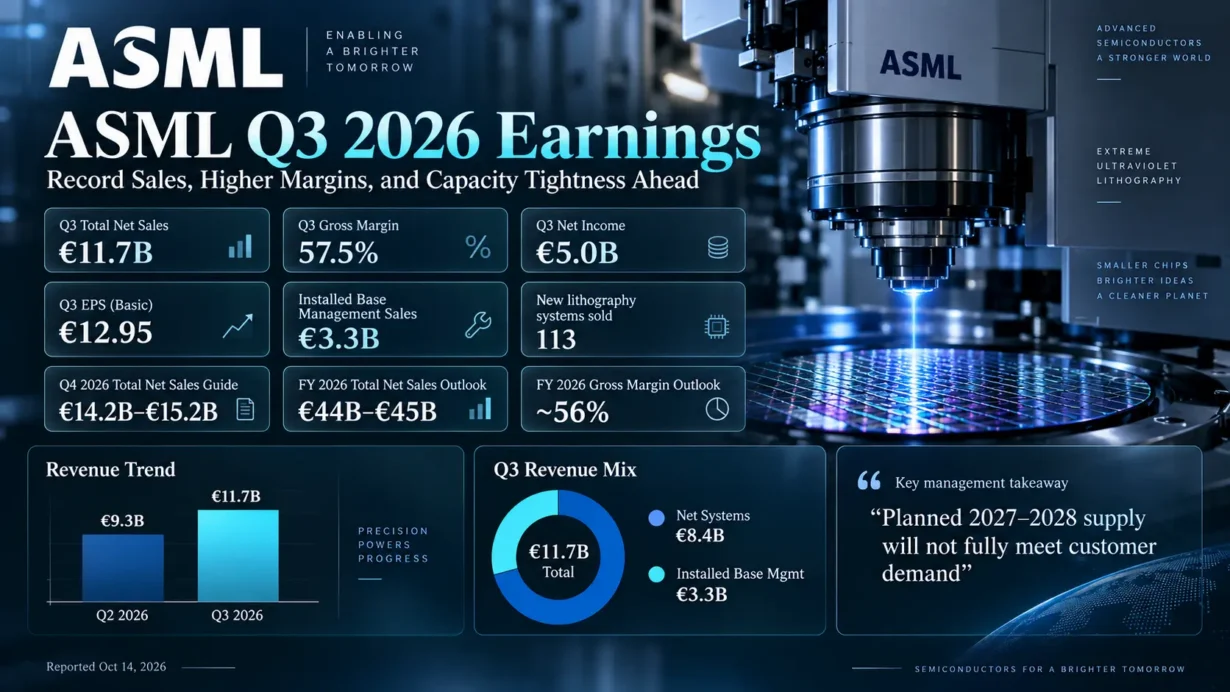 ASML Q3 2026 earnings analysis highlighting €11.66 billion sales, 57.5% gross margin and EUV supply constraints through 2028