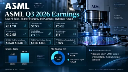ASML Q3 2026 earnings analysis highlighting €11.66 billion sales, 57.5% gross margin and EUV supply constraints through 2028