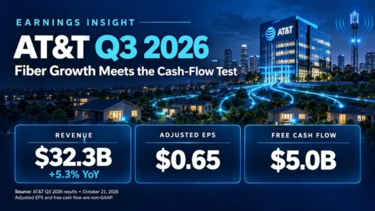 AT&T Q3 2026 earnings analysis showing revenue $32.3 billion, adjusted EPS $0.65 and free cash flow $5.0 billion.