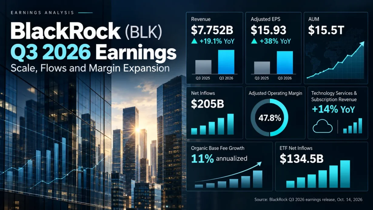 BlackRock Q3 2026 earnings analysis of revenue, EPS, margins, ETF inflows, private markets and stock valuation