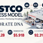 Costco business model and economic moat: fiscal 2026 net sales $297.2 billion, membership fees $5.91 billion, and U.S. and Canada renewal rate 92.3%.