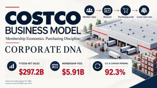 Costco business model and economic moat: fiscal 2026 net sales $297.2 billion, membership fees $5.91 billion, and U.S. and Canada renewal rate 92.3%.