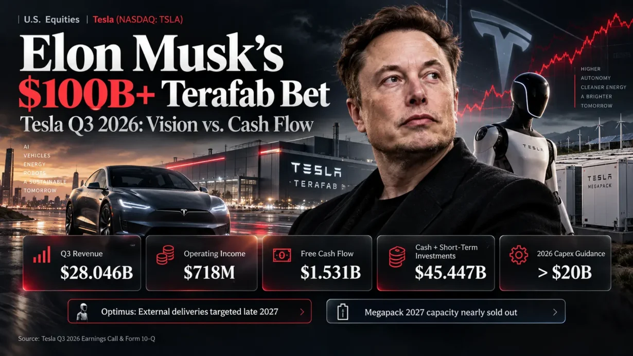 Elon Musk discusses Tesla Q3 2026 results, the Terafab semiconductor project, Optimus robotics and Robotaxi expansion.
