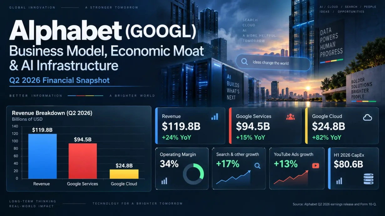 Alphabet business model analysis covering Google Search advertising, YouTube, Google Cloud, Android distribution, and AI infrastructure