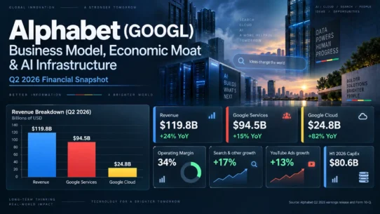 Alphabet business model analysis covering Google Search advertising, YouTube, Google Cloud, Android distribution, and AI infrastructure