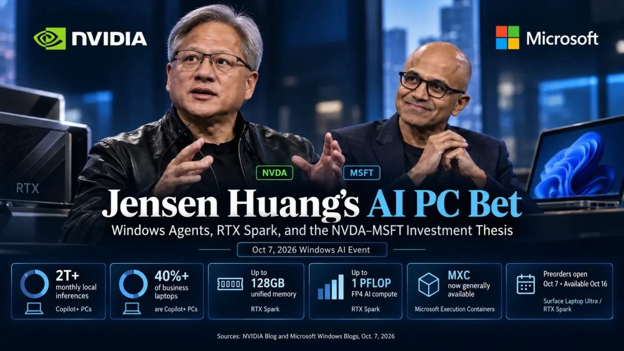 NVIDIA CEO Jensen Huang and Microsoft CEO Satya Nadella discuss Windows AI agents and RTX Spark at their October 7, 2026 event