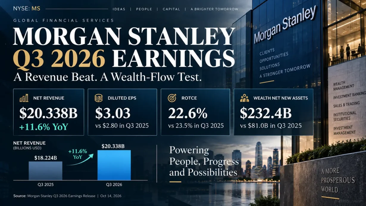 Morgan Stanley Q3 2026 earnings analysis covering revenue, earnings per share, wealth inflows and stock valuation