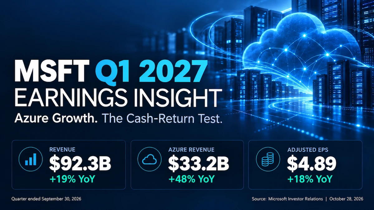 Microsoft MSFT Q1 2027 earnings: revenue $92.3 billion, Azure revenue $33.2 billion with 48% growth, and adjusted EPS $4.89.