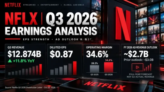 Netflix NFLX Q3 2026 earnings analysis showing revenue, earnings per share, advertising guidance and valuation risks