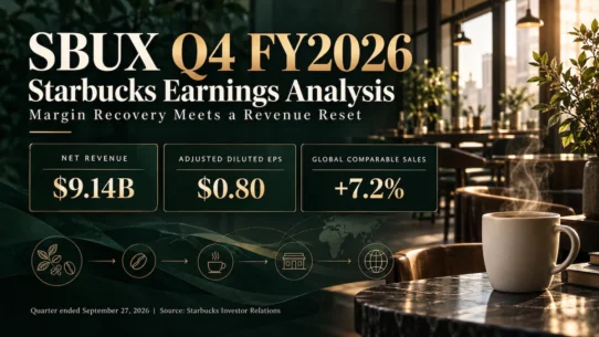 Starbucks Q4 FY2026 earnings: net revenue $9.14 billion, adjusted diluted EPS $0.80 and global comparable sales growth 7.2%