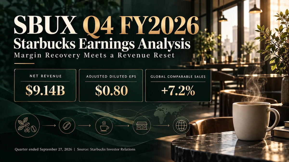 Starbucks Q4 FY2026 earnings: net revenue $9.14 billion, adjusted diluted EPS $0.80 and global comparable sales growth 7.2%
