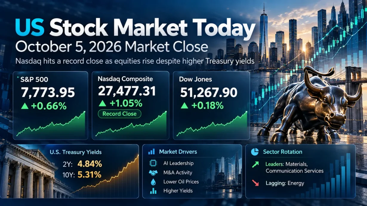 US stock market on October 5 2026 as the Nasdaq closed at a record while Treasury yields rose